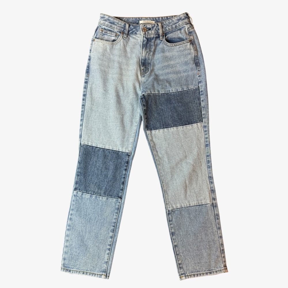 Pacsun Women’s High Rise Patchwork Colorblock Denim Mom Jeans, Blue, 26